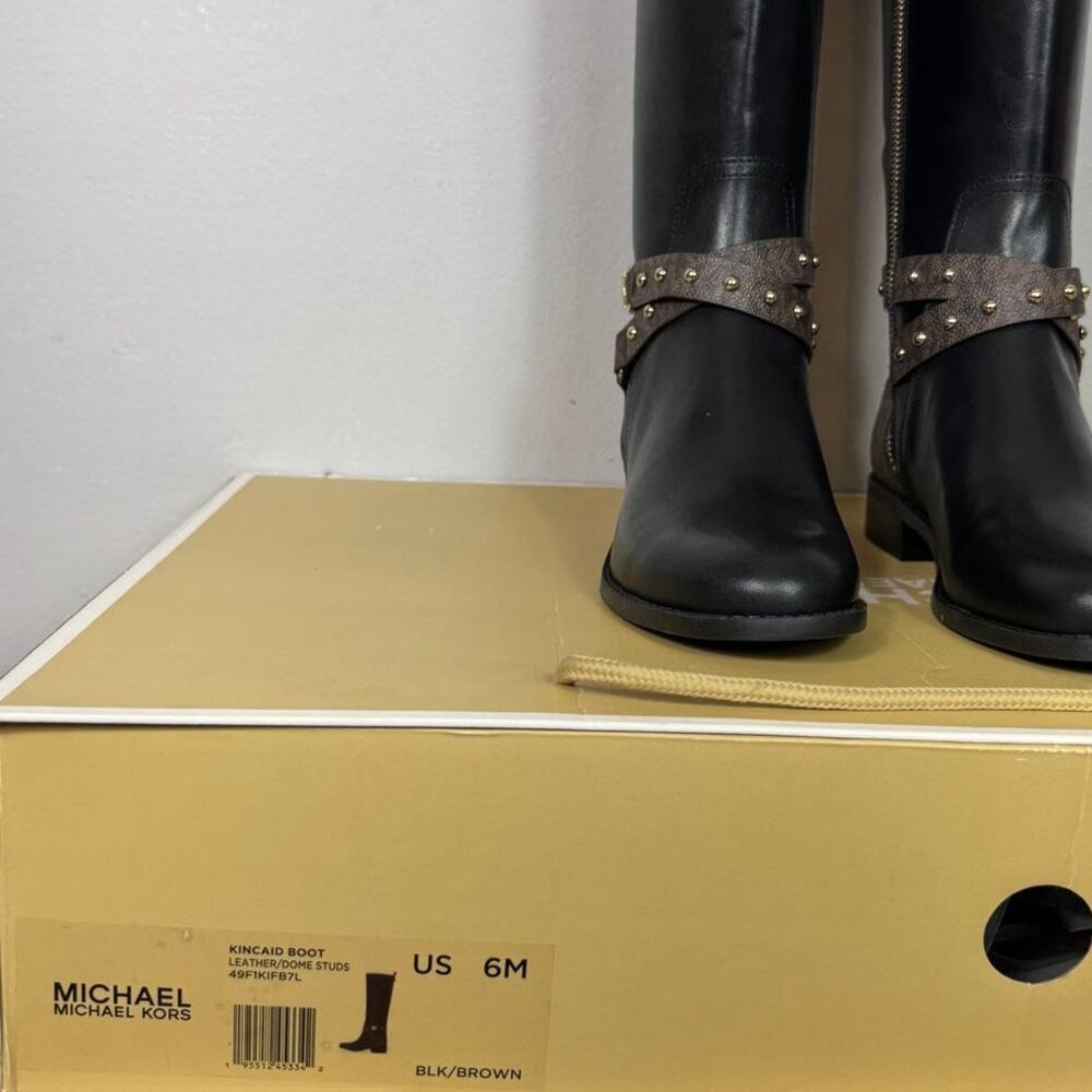 New Michael Kors Kincaid Leather Riding Boot in Black/Brown Women's Size 6 - Picture 8 of 8